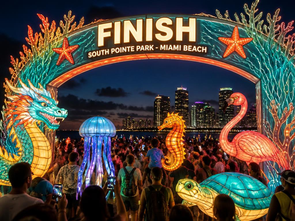 Starfish and manta ray lanterns at the South Pointe Park finish line